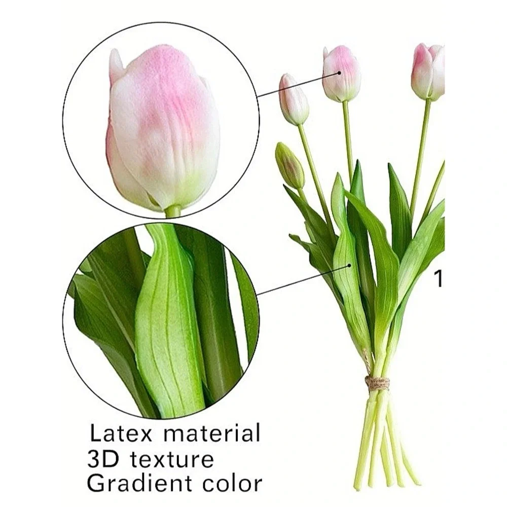 15Pcs Artificial Tulips Flowers with Clear Glass Vase Real Soft Touch Latex offi
